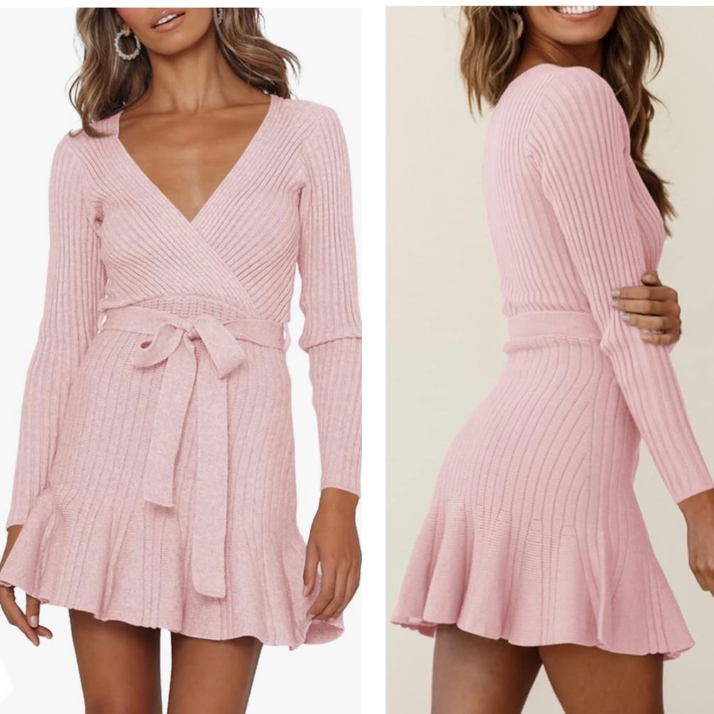 New Pink Faux Wrap V-neck Belted Ribbed Mini Long Sleeve Sweater Dress